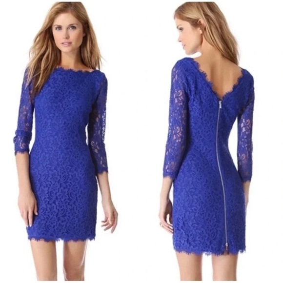 Diane Von Furstenberg Dresses & Skirts - Diane Von Furstenberg Zarita Blue Lace 3/4 Sleeve Back Zip Sheath Size 4